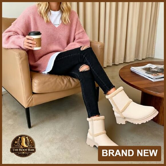 Women's Slip On Winter Snow Boots Faux Fur Lined Platform Mid Calf Booties - Picture 4 of 8